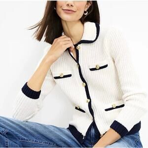 LOFT Petite Tipped Rib Knit Cardigan Cream Navy Gold Button Sweater Jacket PM